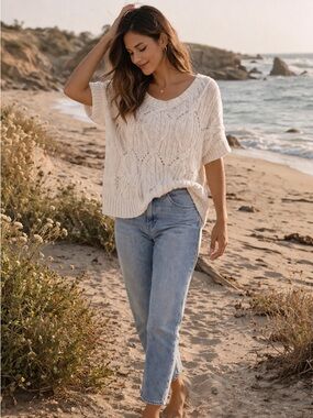 123. eesome Cream Cable Knit Short Sleeve Scoop Sweater